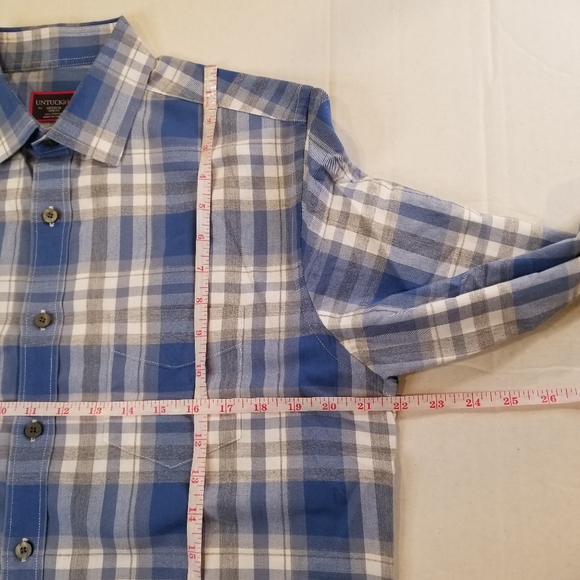 Untuckit Mens Short Sleeve Blue Check Plaid Button Up Size Medium Slim Fit Fiano - Picture 7 of 9